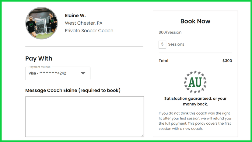 Screenshot of checkout page for a private sports coach
