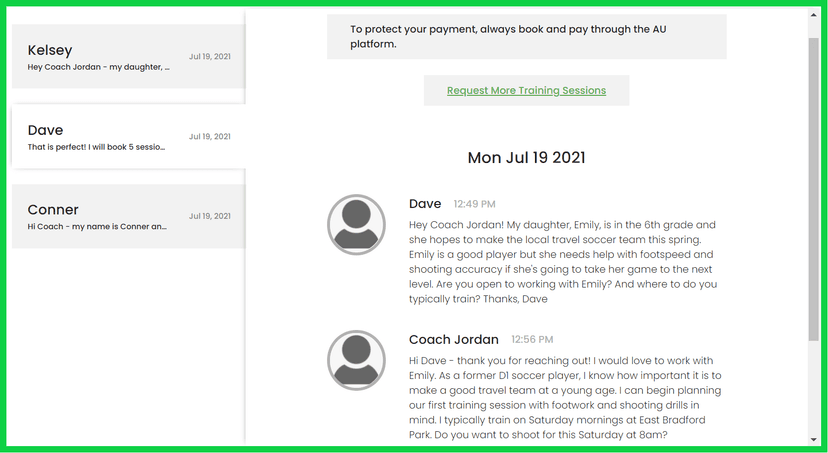 Screenshot of messages between athletes and private sports coaches