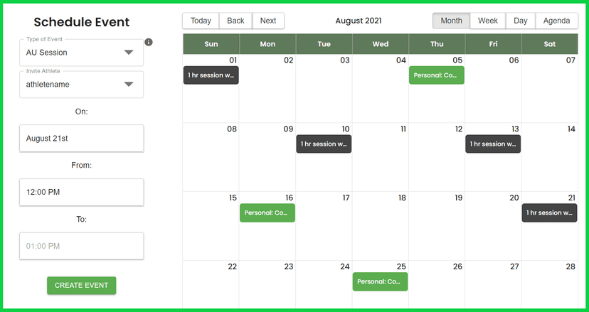 Screenshot of private sports coach's calendar